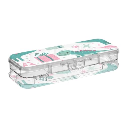 EtherSpher Stiftebox mit Aufschrift "Merry Christmas", transparent, mit Schnappverschluss und Deckel, Design mit grünem Dinosaurier, doppelstöckig, für Schreibwaren von EtherSpher