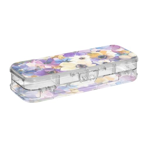 EtherSpher Stiftebox mit Ölgemälde-Blumen, aus Kunststoff, doppellagig, transparent, hart, für Kinder, mit Deckel, Weiß und Lila von EtherSpher