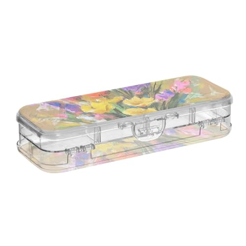 EtherSpher Stiftebox mit Retro-Blumen mit Farb-Ölgemälde, transparent, Kunststoff, 2-lagig, Hartschalen-Etui für Schreibwaren, mit Deckel von EtherSpher