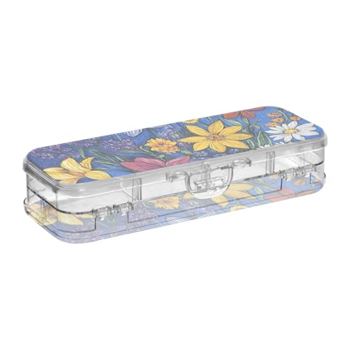 EtherSpher Stiftebox mit Retro-Blumen und blauem Ölgemälde-Feeling, Kunststoff, transparent, doppelstöckig, Hartschalenetui, für Schule, mit Schnappdeckel von EtherSpher