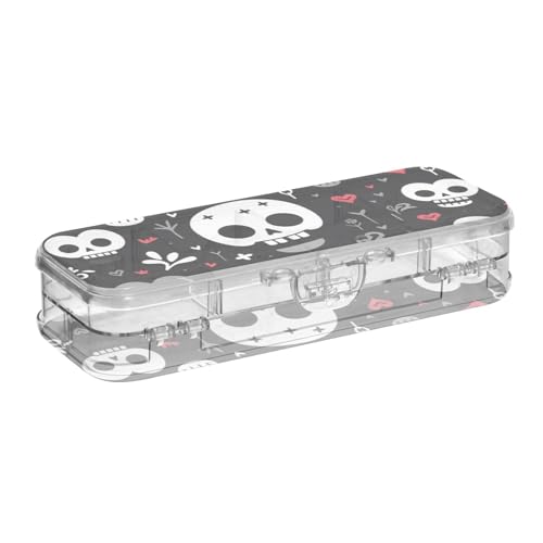 EtherSpher Stiftebox mit lustigem Totenkopf-Herz, aus transparentem Kunststoff, 2-lagig, hart, für Kunstbedarf, mit Schnappdeckel, Schwarz von EtherSpher