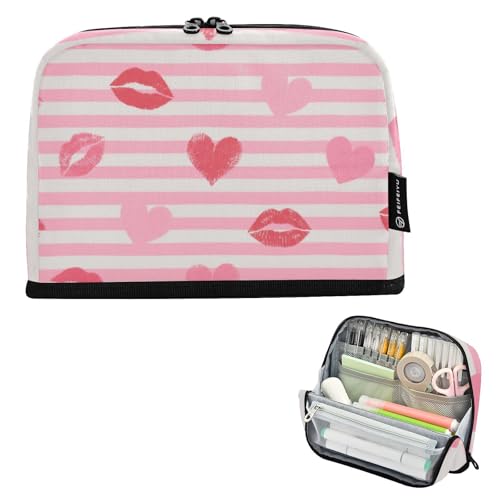 EtherSpher Stiftebox mit rosa weißen Streifen, Herzen, Lippen, Liebe, großes Fassungsvermögen, Make-up-Tasche, großes Schreibwaren-Organizer für Jungen, elementare Cartuchera para ninos von EtherSpher