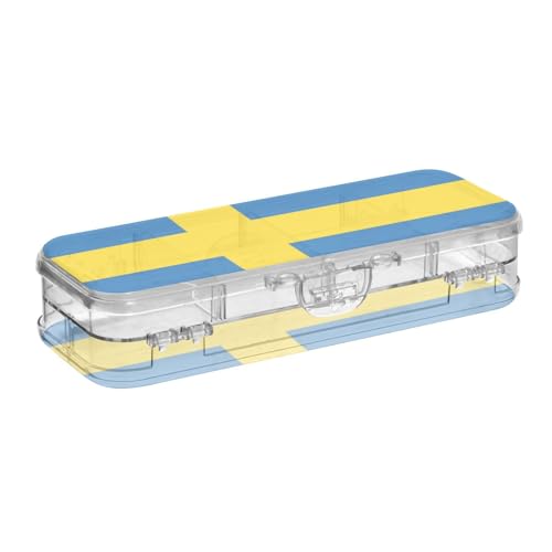 EtherSpher Transparente Stiftebox mit Schweden-Flagge, doppelstöckiges Federmäppchen für Kinder, mit Schnappverschluss und Deckel von EtherSpher
