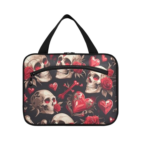 EtherSpher Valentine Red Rose Totenkopf hängende Reisetasche Kulturbeutel mit Haken, Designer-Make-up-Organizer-Tasche für Väter, Reisen, Organizer de Maquillaje Para L, Totenkopf mit roter Rose von EtherSpher