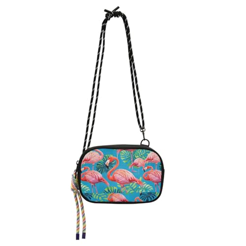 EtherSpher Vintage Painting Flamingos Palmblatt Blau Crossbody Kameratasche für Herren Mode mit Kreditkartenfächern über der Schulter Geldbörse Gehen Sie einkaufen von EtherSpher