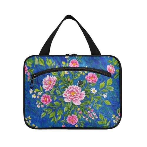 EtherSpher Vintage Peony Floral Blue Peach Hanging Kulturtasche für Herren mit Haken, Designer Uni Snack-Tasche für Reisezubehör Camping Bolso de Mano Para Hombre L, Vintage-Pfingstrose von EtherSpher