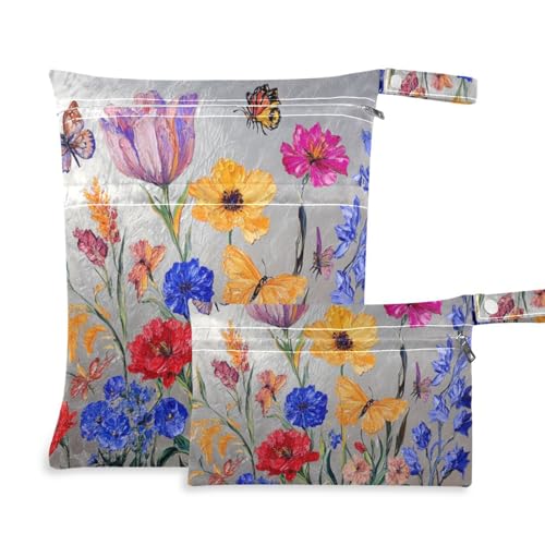 EtherSpher Wasserdichte Wickeltasche mit Retro-Blumen mit Farb-Ölgemälde, für den Strand, 2 Stück, unverzichtbare Gegenstände mit Griffen für Baby-Windeln, Fitnessstudio von EtherSpher