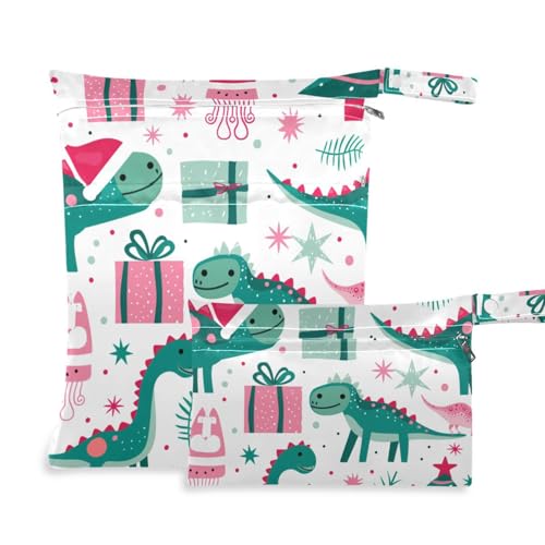 EtherSpher Weihnachtliche grüne Dinosaurier-Geschenkbeutel, waschbar, wasserdicht, 2 Stück, Reiseutensilien für Babys mit Griffen für Yoga, Strand von EtherSpher