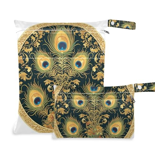EtherSpher Wickeltasche, viktorianische Pfauenfedern, goldfarben, Grün, mit Reißverschluss, 2 Stück von EtherSpher