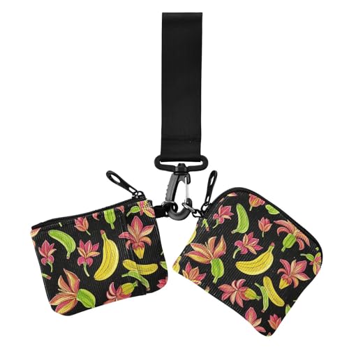Fashion Fruit Banana Floral Schwarz Gelb Damen Münzgeldbörsen Kartenetuis Kleine Abnehmbare Reißverschluss Münzbörse Geldbörse Geldbörse mit Schlüsselanhänger für Damen 2 Packungen, Fashion Fruit von EtherSpher