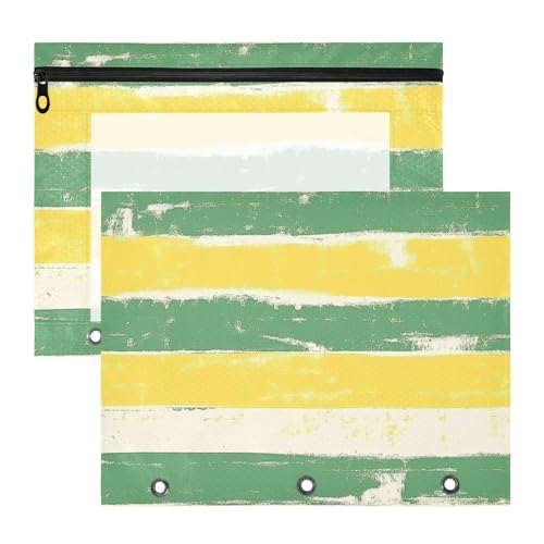 Federmäppchen, Mehrzwecktasche mit 3 Löchern, für A4-Papier, Briefe, 2 Stück, Studenten, Büro, Zitronengelb, Grün, Streifenmuster von EtherSpher