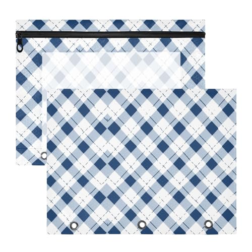 Federmäppchen, stabile Tasche mit 3 Löchern, für A4-Papier, Briefe, 2 Stück, für Studenten, Lehrerbedarf, weiß, blau, kleines frisches Karomuster von EtherSpher