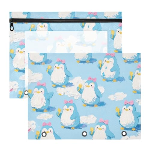 Federmäppchen, transparent, 3 Löcher, für A4-Papier, Briefe, 2 Stück, Studenten, Schulanfang, niedlicher Cartoon, blauer Pinguin von EtherSpher