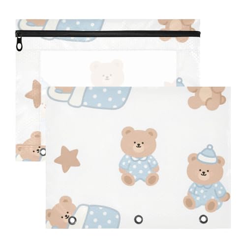 Federmäppchen, transparent, 3 Ringe, Tasche für A4-Papier, Briefe, 2 Stück, Lehrerklasse, Cartoon, niedlicher brauner Teddybär von EtherSpher