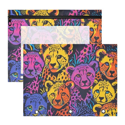Federmäppchen mit 3 Löchern, 3 Löchern, Tasche für A4-Papier, Briefe, 2 Stück, Studenten, Klassenzimmer, Happy Rainbow Cheetah Cubs von EtherSpher