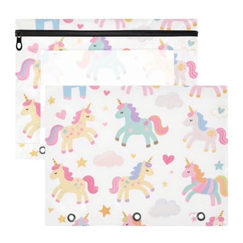 Federmäppchen mit 3 verstärkten Ösen, 3 Ringen, Tasche für A4-Papier, Briefe, 2 Stück, Lehrer, Schulbedarf, niedliche Cartoons und bunte Einhörner von EtherSpher