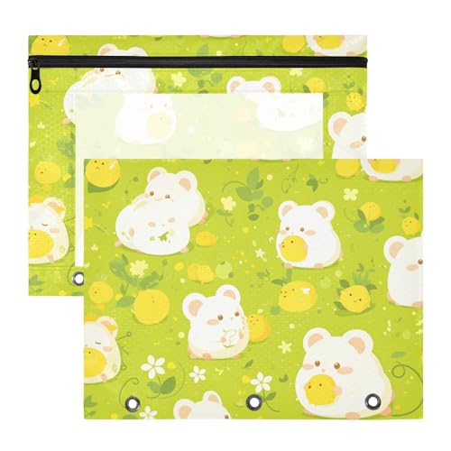 Federmäppchen mit 3 verstärkten Ösen, Taschenordner für A4-Papier, Briefe, 2 Stück, Studenten, Klassenzimmer, Cartoon-Hamster, fluoreszierendes Grün von EtherSpher
