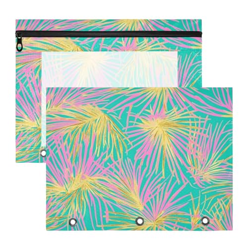 Federmäppchen mit Reißverschlusstasche, Ordner für A4-Papier, Briefe, 2 Stück, Studenten, Collegebedarf, tropische Palme, rosa und goldene Blätter von EtherSpher