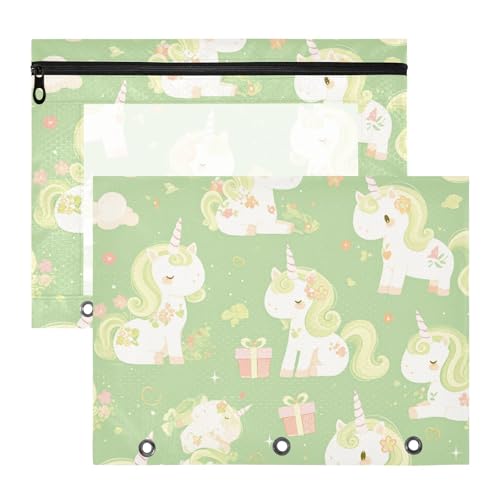 Federmäppchen mit glatten Reißverschlüssen, 3-Lochstanzer für A4-Papier, Briefe, 2 Stück, Lehrer, College-Zubehör, zarte Cartoon-Einhörner, Hellgrün von EtherSpher