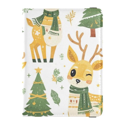 Frohe Weihnachten, gelbes Rentier, Weihnachtsbaum, Leder, Reisepass- und Impfkarten-Brieftasche, Kombination für Reisen, Reisedokumente, Organizer, Schutz, Reisepasshülle für Damen, leicht, Frohe von EtherSpher