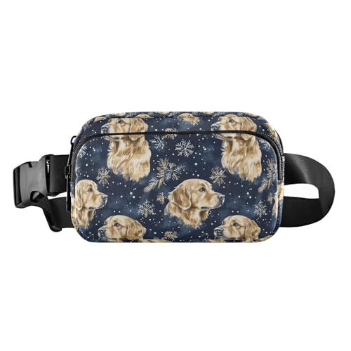 Goldene Hunde-Umhängetasche, marineblaue Schneeflocken, Weihnachten, modische Umhängetasche, Hüfttasche für Männer und Frauen, wasserabweisend, mit verstellbarem Gurt, für Radfahren, Wandern, von EtherSpher
