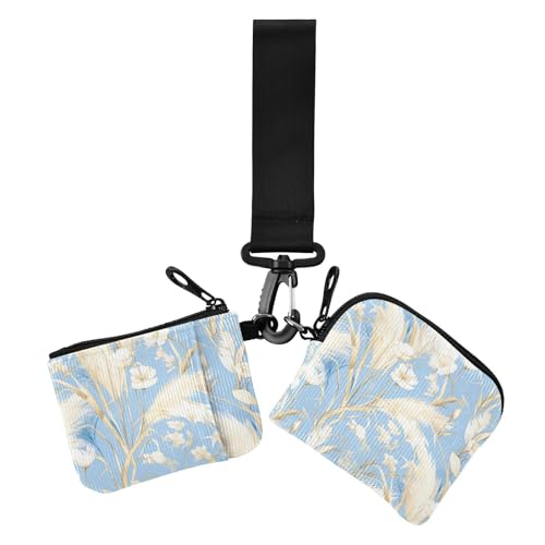 Goldenes Pampasgras hellblau Aquarellmalerei Stil Damen Geldbörsen Kartenetuis klein abnehmbarer Reißverschluss Münzbörse Geldbörse Geldbörse mit Handgelenkschlaufe für Frauen 2 Packungen, Goldenes von EtherSpher