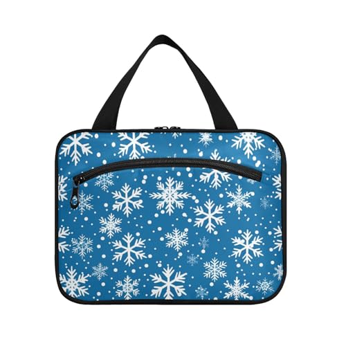 Große Kosmetiktasche für Damen, Motiv: Frohe Weihnachten, blaue und weiße Schneeflocken, mit Haken, Designer-Accessoires, Kosmetiktasche für Reisen, Camping, Bolsas de Maquillaje para mujer L, Frohe von EtherSpher