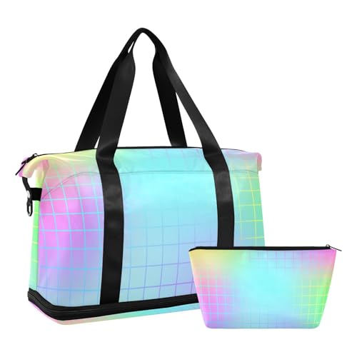 Großer Turnbeutel mit buntem Laser-Design, quadratisch, mit verstellbarem Riemen, für Flugzeugreisen, wasserdicht, Bunte Quadrate im Laserdesign, 1 size von EtherSpher