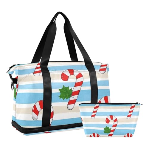 Merry Christmas rot und weiß Zuckerstange Streifen Turnbeutel Weekender Tasche mit Kulturbeutel für Geschäftsreisen Große Kapazität, Frohe Weihnachten rote und weiße Zuckerstangen-Streifen, 1 size von EtherSpher