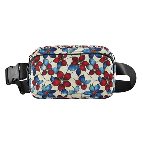 Modische Gürteltasche mit amerikanischen Blumen, für Herren und Damen, kleine Gürteltasche mit verstellbarem Riemen, für Reisen, Urlaub, Laufen, Rot und Blau, Rote und blaue amerikanische Blumen, 1 von EtherSpher
