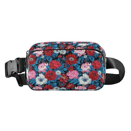 Modische Hüfttasche für Damen und Herren, wasserdicht, mit verstellbarem Gurt, Pfingstrosen und Gänseblümchen, Rot, Rot mit Pfingstrosen und Gänseblümchen, 1 size von EtherSpher