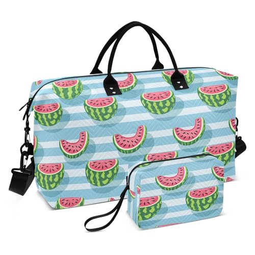 Multi Green Watermelon Light - Blue Stripes Cartoon Style Dekorative Übernachtungstasche Sport Turnbeutel mit verstellbarem Riemen für Trekking 2-teiliges Set Bolsa de Gym para Mujer von EtherSpher