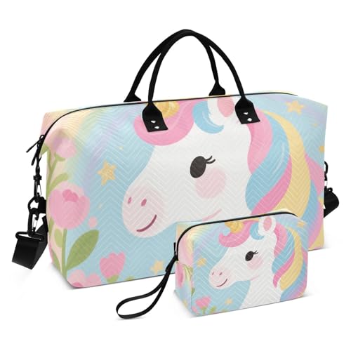 Niedliche Cartoon-Einhörner rosa dekorative Wochenendtasche Turnbeutel mit Kulturbeutel für Geschäftsreisen 2-teiliges Set bulto de para Mujer von EtherSpher