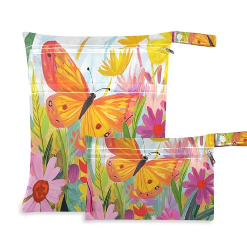 Ölgemälde Sense Bunte Blumen Schmetterlinge wiederverwendbare Nass-Trockenbeutel 2 Stück Reiseutensilien für Babys mit Griffen für Reisen, Strand von EtherSpher