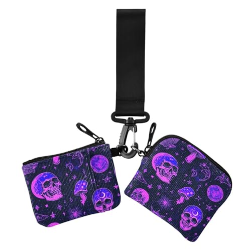 Purple Magic Skull Damen Geldbörsen Kartenetuis Mini Mode Reißverschluss Geldbörse Münztasche mit Schlüsselanhänger für den täglichen Gebrauch, 2 Packungen, Violetter magischer Totenkopf, 1 size von EtherSpher