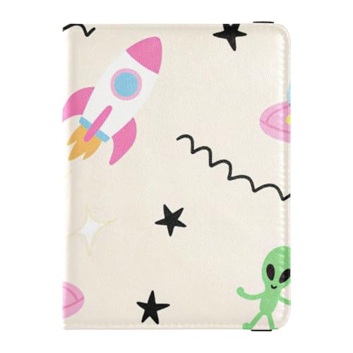 Reisepass- und Impfkarten-Brieftasche, Motiv: Cartoon-Raumschiff-Raketen, Aliens, Leder, für Reisen, Impftasche, Schutzhülle, Reisedokumente, Geldbörse für Herren, leicht von EtherSpher