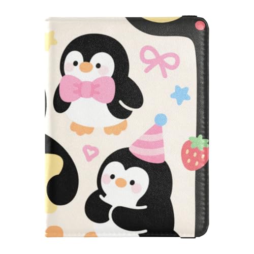 Reisepasshülle aus Leder mit Cartoon- und niedlichem Pinguin-Motiv, schwarz, für Reisen, Geldbörse, Kombi-Abzeichen, Ausweis, Impfkartenhalter, Brieftasche für Damen, ultradünn von EtherSpher