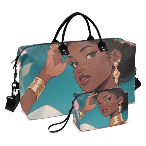 Schöne afrikanische Frau Krone Cartoon dekorative persönliche Gegenstände Reisetasche Turnbeutel mit Kulturbeutel für Reisen Große Kapazität Bolso Viajero para Mujer von EtherSpher