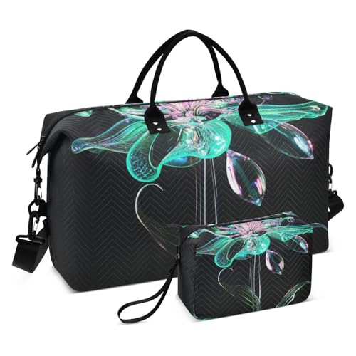 Schwarze glänzende Blumen dekorative Wochenendtasche Turnbeutel mit Kulturbeutel für Ausflug wasserdicht Bolsa de Gym para Mujer von EtherSpher