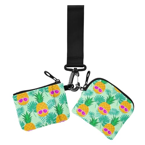 Sommer Sonnenbrille Ananas Palmblatt Grün Damen Münzgeldbörse Kartenhalter Niedlich Mode Wristlet Wallet Schlüsselhalter mit Schlüsselanhänger für den täglichen Gebrauch 2 Packungen von EtherSpher