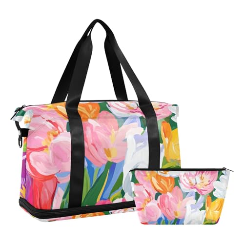 Sporttasche, Motiv: Ölgemälde, mit verstellbarem Riemen, für Trekking, 2-teiliges Set, Farbige Ölgemälde-Blumen, 1 size von EtherSpher