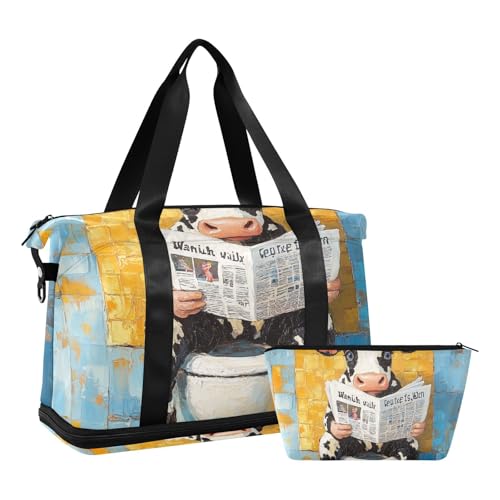 Sporttasche mit niedlichem Cartoon-Motiv, Motiv: Kuh, Wochenendtasche mit verstellbarem Riemen, für Trekking, 2-teiliges Set, Niedliches Cartoon-Ölgemälde mit Kuh-Gefühl, 1 size von EtherSpher
