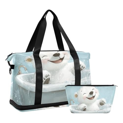 Süßer Eisbär-Retro-Badewannen-Reisetasche, Turnbeutel, Schultertasche, Wochenend-Tragetasche mit Kulturbeutel für Flugzeugreisen, großes Fassungsvermögen, Niedliche Retro-Badewanne mit Eisbär, 1 size von EtherSpher