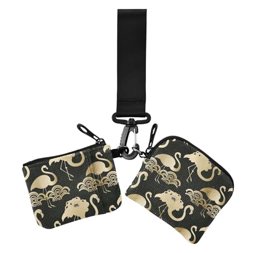 Traditionelles chinesisches Muster Flamingo Schwarz Gold Damen Dual Geldbörsen Visitenkartenetuis Slim Portable Frauen Kreditkartenetui Münzbörse mit Reißverschlusstasche für Arbeit Reisen 2 Stück von EtherSpher
