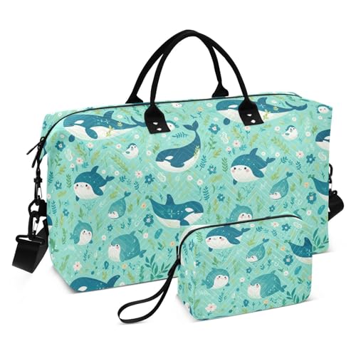 Zarte Cartoon-Orca-Grüne, dekorative, übergroße Reisetasche, Reisetasche, Turnbeutel mit verstellbarem Riemen für Trekking, multifunktional, Bolsa para viajar von EtherSpher