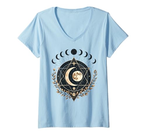 Damen Mystical Moon Phase Boho Vintage Spirituelles Kunstwerk T-Shirt mit V-Ausschnitt von Ethereal Moonlight Creations and Designs