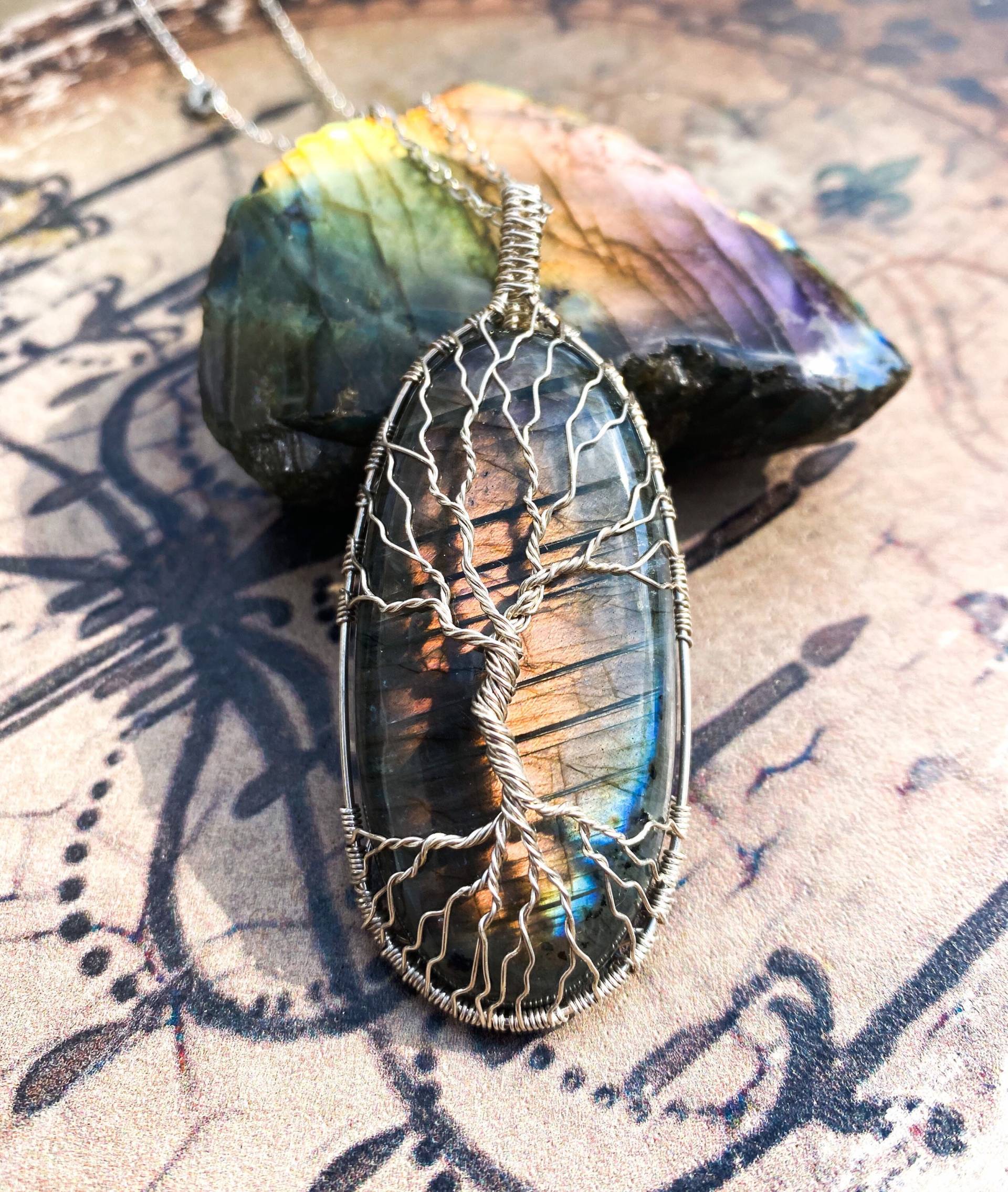 Orange Und Rosa Labradorit Draht Gewickelt Baum Des Lebens Halskette, Sterling Silber Handarbeit Schmuck, Lebens, Geschenk Freundin von EtherealEarthGifts