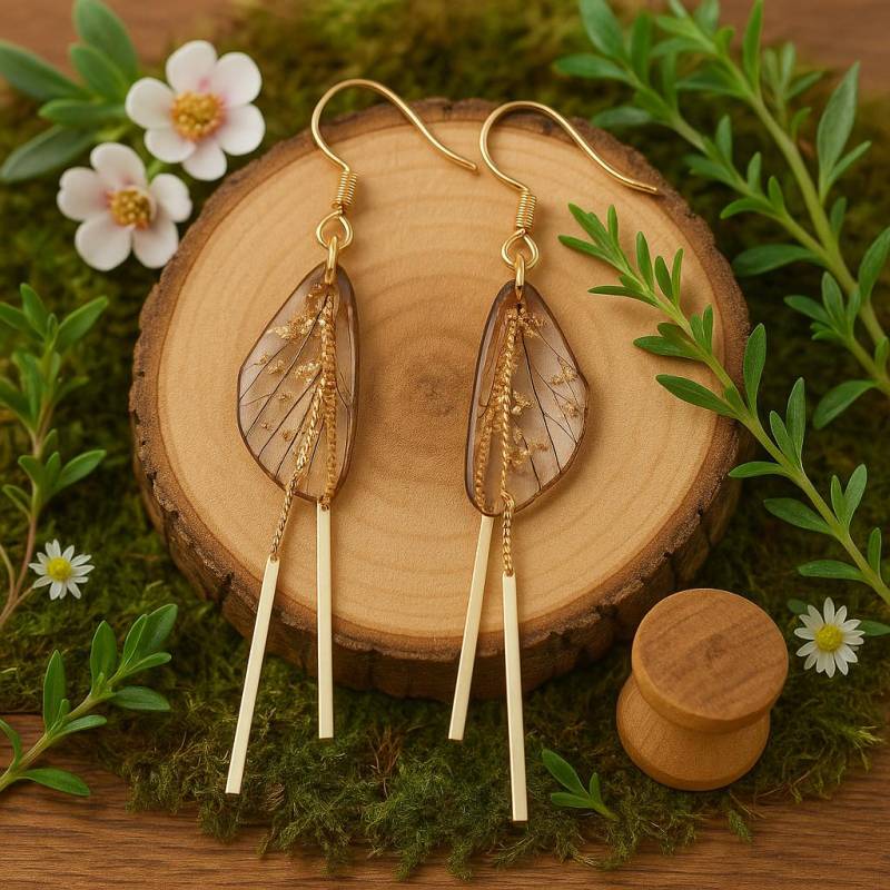 Harz Schmetterling Flügel Ohrringe Hellbraun & Goldflocken Naturschmuck von EtherealiaAtelier