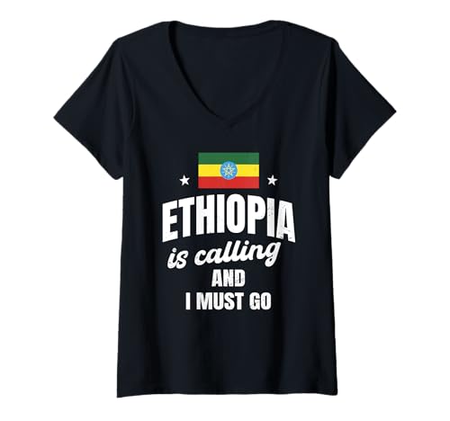 Damen Ethiopia Is Calling And I Must Go Funny Ethiopian Nostalgie T-Shirt mit V-Ausschnitt von Ethiopia Flag Designs Proud Ethiopian Heritage