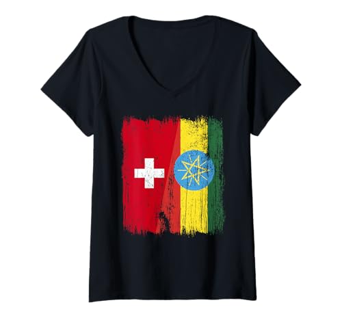 Damen Schweiz Äthiopien Halbflagge Schweiz äthiopische Wurzeln T-Shirt mit V-Ausschnitt von Ethiopia Flag Designs Proud Ethiopian Heritage